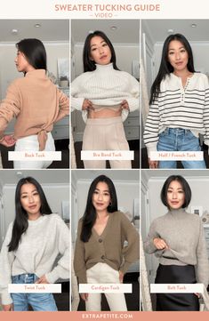 Cable Knit Sweater Tuck, Office Outfits Women Sweater, Big Sweater Hacks, Too Big Sweater Hack, Sweater Too Big Hacks, Sweater Office Outfits, Petite Office Outfits, Layered Sweater Outfits, Big Sweater Outfit