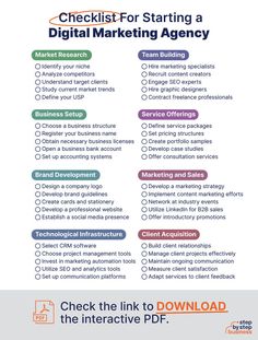 How to Start a Digital Marketing Agency Checklist Business Strategy Management, Content Marketing Tools, Business Checklist, Business Marketing Plan, Free Checklist, Social Media Marketing Tools, Social Media Marketing Business, Digital Marketing Tools, Marketing Guide