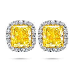 diamond stud earrings Elegant Yellow Diamond Earrings With Halo Design, Yellow Diamond Earrings For Formal Occasions, Formal Yellow Diamond Earrings, Yellow Diamond Earrings In Fine Jewelry Style, Yellow Diamond Earrings With Diamond Accents, Fine Jewelry Yellow Diamond Earrings, Yellow Cushion Cut Jewelry With Prong Setting, Formal Yellow Diamond Earrings With Halo Design, Yellow Halo Design Earrings In Fine Jewelry