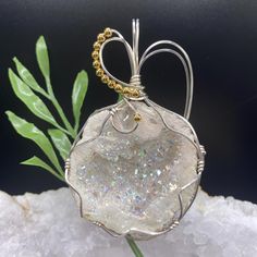 Angel Aura Druzy Quartz Geode Pendant Necklace, Druzy Crystal Angel Aura, Wire Wrapped Pendant, Angel Aura Necklace Statement Piece Glowing Aura, Aura Necklace, Crystal Angel, Crystal Pendants, Aura Crystals, Crystal Angels, Iridescent Crystal, Quartz Geode, Beautiful Angel