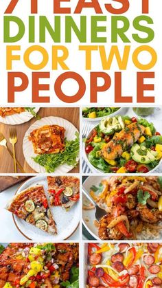 the cover of 7 easy dinners for two people, with pictures of different types of food