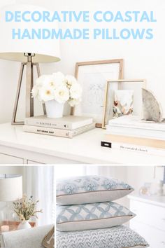 some pillows and pictures on a white table