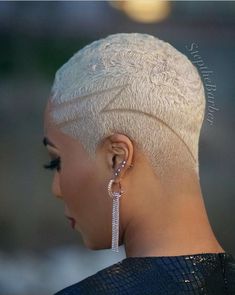 Black Woman Platinum Blonde Hair Short, Icy Blonde Short Hair Black Women, Platinum Fade Haircut Black Women, Short Hair With Designs, Low Blonde Haircut Black Women, Low Cut Hair Black Women Designs, White Haircuts For Women, Fade Designs Women, Short Blonde Hair On Black Women