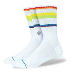 Stance Glitch Rainbow Crew Socks Men's Size Large (9-13) Here is a brand new pair of Stance Glitch Rainbow Crew Socks (Style #A556B20GLI) in a men's size Large (9-13). Socks are white and multi-colored. Rainbow design on both socks. Fabric: 70% Combed Cotton / 19% Polyester / 9% Nylon / 2% Elastane. Care: Machine Washable. Socks are authentic Stance product and come complete with original hang tags. Shipping and Handling is FREE anywhere in the US, international extra insurance optional. Free Sh Sporty Multicolor Winter Socks, Sporty Multicolor Socks For Winter, Casual Multicolor Socks For Streetwear, Rainbow Style, Socks Style, Crew Cuts, Lower Leg, Rainbow Design, Fashion Socks