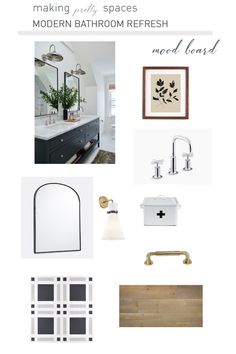 bathroom mood board with white and black accents