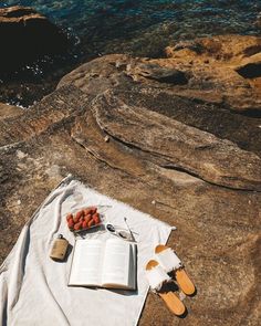 an open book and some food on a towel near the water's edge,