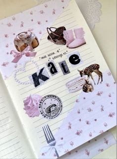 a notebook with the words kale written on it and pictures of shoes, deers, and other items