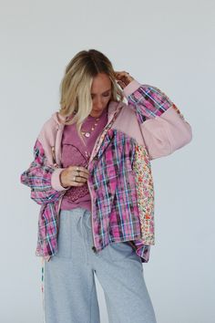 Get ready for all the cuteness this season with the Blossom Check Jacket—a perfect boho throw-on-and-go piece that adds a statement touch to any outfit! Unique mix of thermal and woven fabric with so pretty floral and plaid prints throughout Relaxed and loose jacket silhouette Classic zip-up front closure and loose long sleeves with thermal cuffs Hooded neckline with a drawstring detail High-low bottom edge for added style and movement Pair with: Dora Low Back Seamless Bralette, Lightwave Overal Jacket Silhouette, Boho Essentials, Check Jacket, Bralette Outfit, Loose Jacket, Drawstring Detail, Boho Throws, Checked Jacket, Comfy Pants