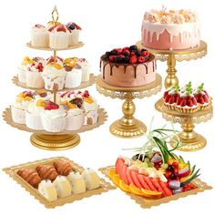 a variety of cakes and pastries on gold platters