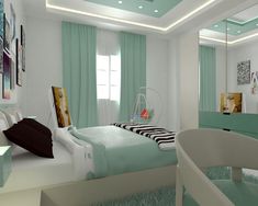 a bedroom with mint green and white decor