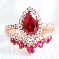 Red Ruby Wedding Ring, Unique Ruby Rings, Halo Diamond Ring Set, Tiara Diamond, Ruby Engagement Ring Set, Ruby Ring Set, Ruby Wedding Band, Diamond Alternative Engagement Ring, Ruby Wedding Rings