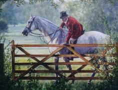 a painting of a man riding on the back of a white horse over a wooden fence