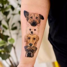 a woman's arm with three dogs on it and one dog is in the middle