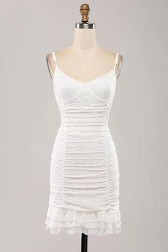 Wedtrend Women Graduation Dress With Lace Bodycon Spaghetti Straps Pleated Little White Dress – WEDTREND Feminine Mini Dress With Spaghetti Straps For Wedding, Feminine Spaghetti Strap Mini Dress For Wedding, White Mini Dress With Built-in Bra For Party, Fitted Mini Dress For Bridesmaids During Prom Season, Ruched Fitted Mini Dress For Wedding, Feminine Ruched Mini Dress For Wedding, Ruched Lace Mini Dress For Party, Ruched Mini Dress For Wedding, Chic Mini Dress With Spaghetti Straps For Wedding