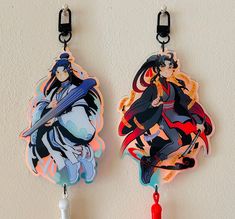 WangXian XL Holographic Bag Charms / Shrine Charms (they're Very Big. The acrylic is 5" (13cm) tall, and the whole charm is about 10" (25cm) from top to tail.  Featuring Lan Wangji and Wei Wuxian from MDZS / Grandmaster of Demonic Cultivation!! The artwork is by me: Limonmaid! These keychains are sent in a small cardboard box, I've never mailed keychains this large before so I'd love to know if they arrive ok 💖 You'll also get some freebies with your order too!! Grandmaster Of Demonic Cultivation, Holographic Bag, Lan Wangji, Demonic Cultivation, Cute Dragons, Bag Charms, Cardboard Box, Keychains, Printed Items