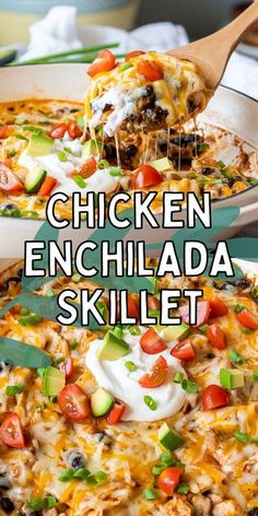 the chicken enchilada skillet is loaded with vegetables and cheese