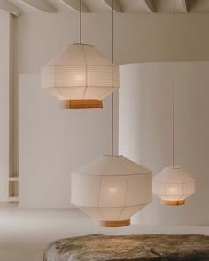 three lamps hanging from the ceiling in a room