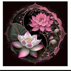 two pink flowers are in the center of a yin - yang symbol with leaves and mushrooms