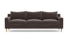 a gray couch with wooden legs on a white background