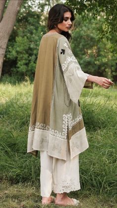 Misha Lakhani Embroidery, Miraka Misha Lakhani, Semi-stitched Naqshi Lawn Suit For Summer, Semi-stitched Mulmul Lawn Suit With Intricate Embroidery, Embellished Semi-stitched Lawn Suit For Eid, Khadi Kurta, Textured Embroidery, Misha Lakhani, Asymmetrical Coat