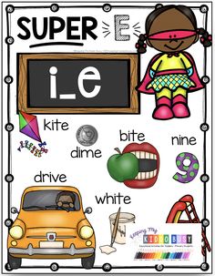 a poster with words and pictures to describe the letter e