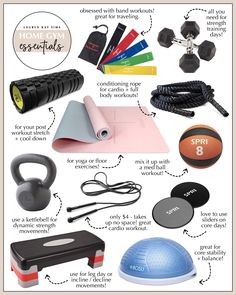 an image of exercise equipment and accessories for the home gym workouts, including kettles,