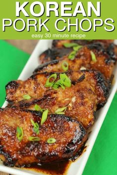 korean pork chops on a white plate with green napkin