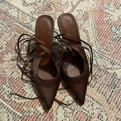 Satin Tie Up Brown Stilettos, Never Worn. Brown Kitten Heels For Spring Party, Black And Brown Wedding, Asos Shoes, Brown Wedding, Shoes Women Heels, Black And Brown, Shoes Heels, Asos, Size 7