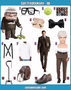 an assortment of men's clothing and accessories including glasses, tie, shirt, pants, shoes, hat, headbands