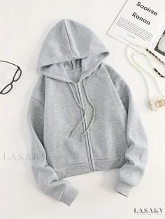 Lasaky - Womens Stylish Hooded Sweatsuit with Zipper, Long Sleeve Crop Jackets for Sport, Gym, and Workout - Solid Color Casual Sportswear, Drawstring Hoodie, Long Sleeve Crop, Crop Sweatshirt, Casual Sweatshirt, Cropped Hoodie, Long Sleeve Casual, Free Clothes, Cute Shirts