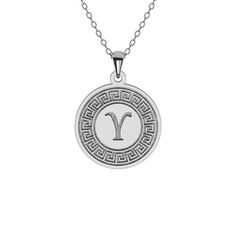 Celebrate your Greek heritage with our Greek Key Disc Necklace featuring a Greek Initial. Meticulously crafted in solid gold or sterling silver, this pendant beautifully marries cultural pride with personalized elegance. The Greek key motif, representing infinity and unity, surrounds your chosen Greek initial, creating a powerful statement of heritage and identity. Wear it with pride or gift it to a fellow Greek; it's a unique expression of cultural identity and individuality, beautifully crafte Engraved Round Medallion Necklace For Anniversary, Engraved Medallion Necklace For Anniversary, Symbolic Initial Pendant Jewelry For Anniversary, Personalized Sterling Silver Medallion Necklace, White Gold Round Medallion Necklace As Gift, White Gold Round Medallion Necklace Gift, Symbolic Hallmarked Medallion Jewelry, Symbolic Engraved Initial Pendant Jewelry, Symbolic Engraved White Gold Jewelry