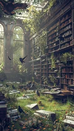 a room filled with lots of books and birds flying over the top of each bookcase