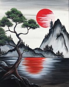 a painting of a tree and mountains with the sun in the background