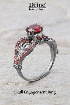 Skull Engagement Ring, Skull Wedding Ring, Gothic Jewelry, Red Garnet Gemstone, Floral Leaf, Memento Mori Skull Ring, Anniversary Gift for Her, 925 Sterling Silver, Gun Metal Red Symbolic Sterling Silver Ring, Fine Jewelry With Red Center Stone, Red Round Jewelry With Accent Stones, Red Round Jewelry With Prong Setting, Red Garnet Promise Jewelry, Red Lab-created Ruby Jewelry With Center Stone, Red Jewelry With Accent Stones For Promise, Red Garnet Promise Ring, Red Ring With Center Stone