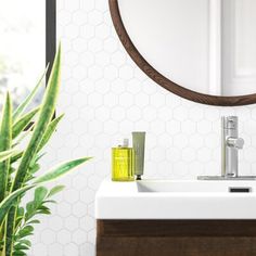 a bathroom sink sitting under a round mirror next to a green plant and potted plant