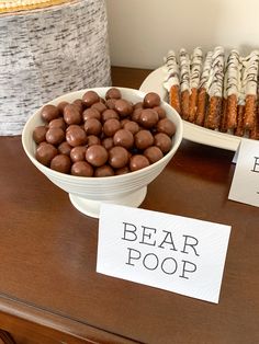 Bear Poop Dessert Paddington Bear Party Food, Bear Theme Party Decoration, Teddy Bear Themed Food Ideas, Brown Party Theme Aesthetic, Bear Gender Reveal Food, Bearly Wait Food Ideas, Bear First Birthday Party Food, Bear Themed Drinks, Teddy Bear Picnic Birthday Party Food