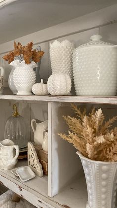 white vases and other decorative items are displayed on shelves