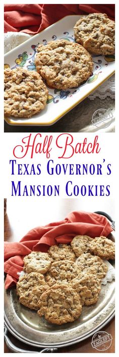 some cookies are sitting on a plate with red cloths and the words half batch texas governor's mansion cookies