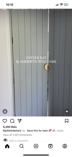 an instagramted photo of a door with the words oyster bay by sherylin williams on it