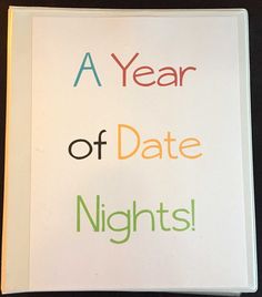 a year of date nights written on a white book with green, orange and red lettering