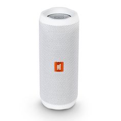 the jbl boom 3 speaker is white and has an orange square logo on it