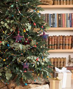 a decorated christmas tree in front of bookshelves