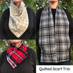 three pictures of different scarves with the same plaid pattern on them, and one has a black shirt underneath it