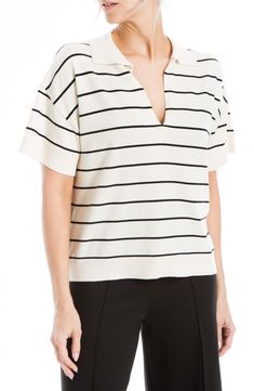 Chic and cozy, this pretty polo sweater is knit in a striped pattern and framed with a Johnny collar. 23" length (size Small) Johnny collar Short sleeves nylon51% rayon, 28% polyester, 21% Machine wash, dry flat Imported Casual Sweater With Striped Collar For Work, Casual Sweater For Work With Striped Collar, Spring Knit Tops With Horizontal Stripes, Casual Workwear Sweater With Striped Collar, Chic Striped Tops With Ribbed Collar, Striped Top With Ribbed Collar For Work, Striped Tops With Ribbed Collar For Work, Chic Striped Knit Tops, Knit Top With Striped Collar