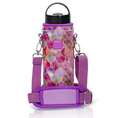 thermos bottle holder with strap is purple and has an abstract pattern on it