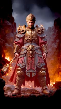 a man dressed in armor standing on top of a fire covered ground with flames behind him