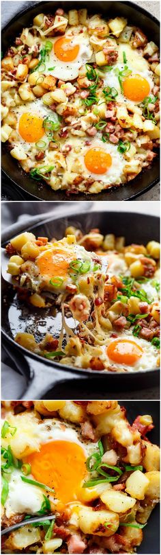 three different views of an egg and pasta dish