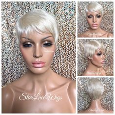 This unit ships in 2-3 business days Type of Hair: Synthetic Hair Texture: Straight Hair Length: Short Pixie Hair Color: Platinum Blonde - Also Available in #1, #1b, #2 & #4 Cap Style: This is a regular wig (NOT A LACE FRONT) - (cap stretches) Heat Safe: Heat resistant up to 350 degrees :::HEAT SAFE::: Our synthetic and human hair blend wigs are heat safe and can be curled and flat ironed. Please note that it is recommended that the heat settings be low (340 to 350 degrees). Flexi-rods and/o Short Pixie Hair Color, Blonde Pixie Wig, Short Pixie Hair, Pixie Hair Color, Wig Bangs, Platinum Blonde Pixie, Lob Haircuts, Feathered Bangs, Blonde Bangs