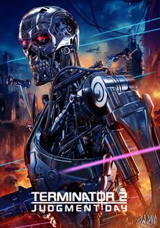 a poster for terminator's upcoming movie, with an image of a robot in the background