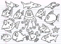 cartoon fish and sea animals drawn on lined paper with pencils in the back ground